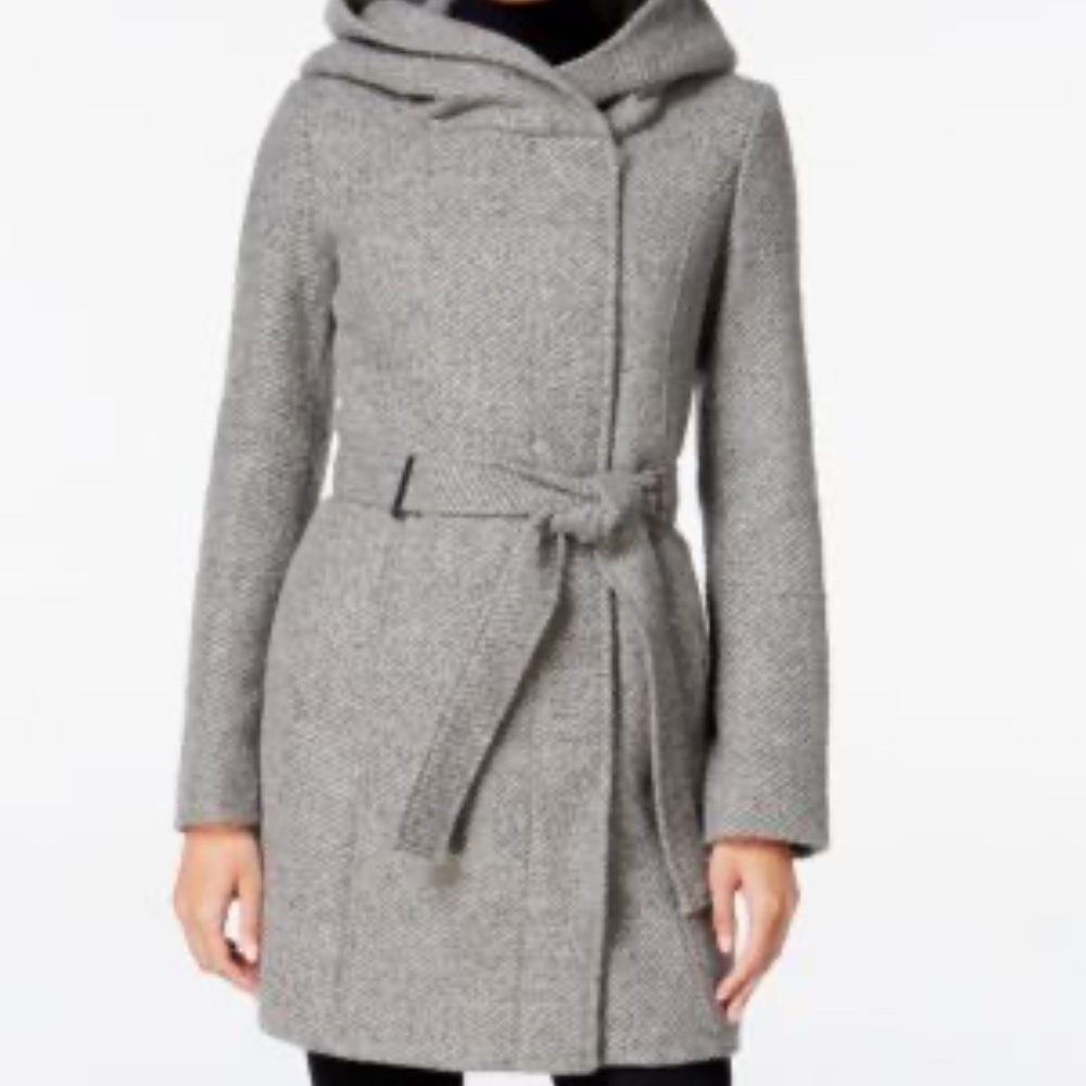 Calvin Klein Double Face Wool Coat with Oversized Hood and Belt Grey Gray